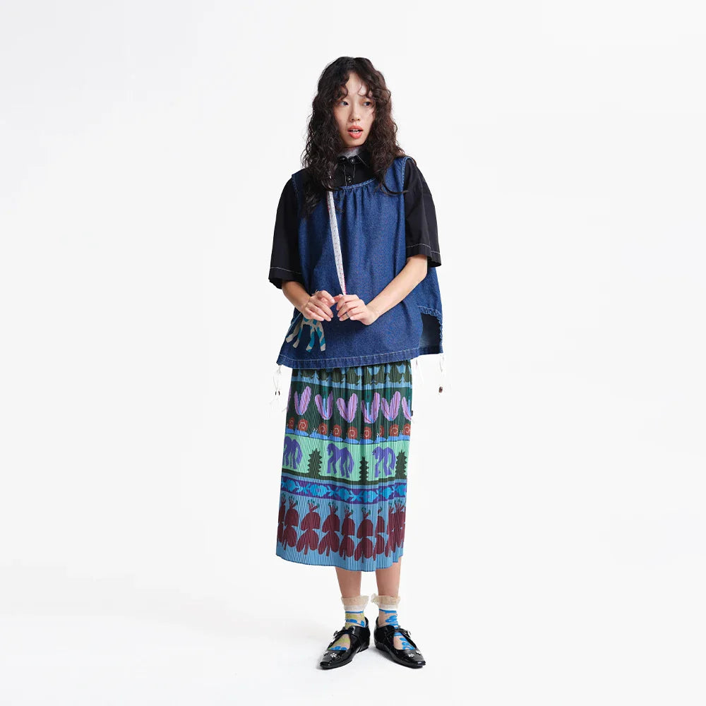 A-line Skirt 2026 Spring New Elastic Waist Colorful Floral Print Pleated Commuter Retro Style Skirt For Women 3ELC20607