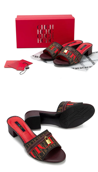 Fashionable High Quality Metal Lock Monogram Print Women's Low Heeled Slippers Temperament Versatile Women's Slippers