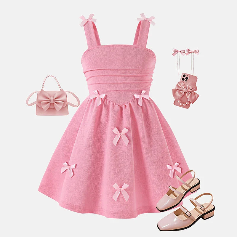 Girls 4-7 Fashion Dress, Sleeveless Square Neck Bow Embellished A-Line Dress, Soft and Cute for Daily Outfit