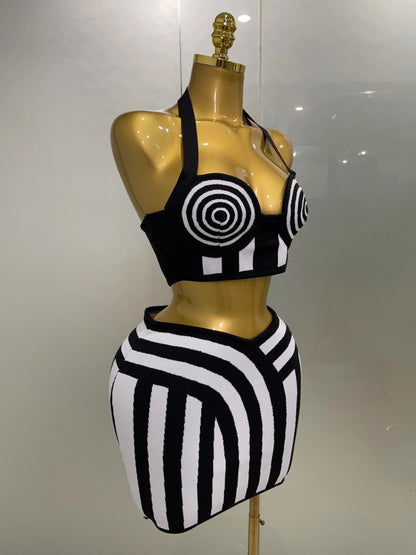 2025 New Women Celebrity Sexy Jacquard Black White Two Piece Bodycon Striped Bandage Skirt Set Designer Evening Party Dress