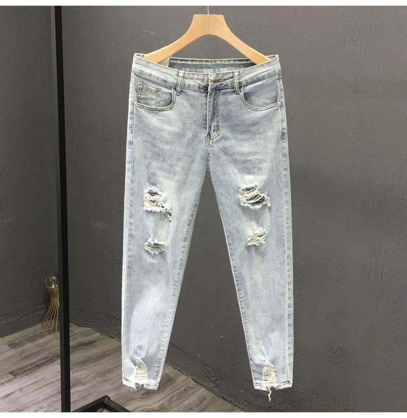 2023 Spring and Autumn New Men's Fashion Solid Color Ripped Jeans Men's Casual Comfort Elastic High-Quality Small Foot Pants