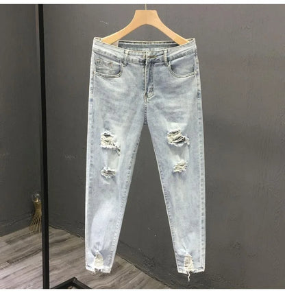 2023 Spring and Autumn New Men's Fashion Solid Color Ripped Jeans Men's Casual Comfort Elastic High-Quality Small Foot Pants