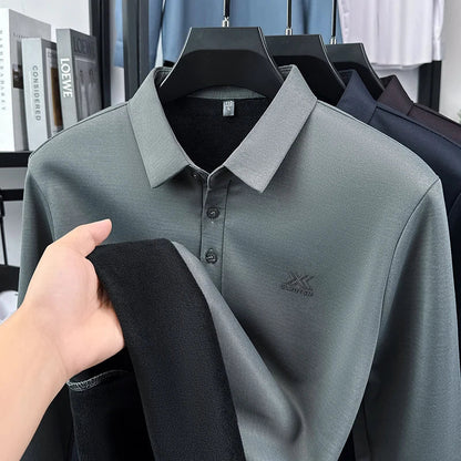 2025 Winter Men's Fashion New Collection with Velvet Long Sleeve T-shirt, Collar with Mulberry Silk and Wool Warmth POLO Sweater