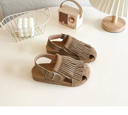 2025 Summer New Girls' Sandals Korean Style Tassel Princess Shoes Frosted Leather Hollow Sandals Comfortable 23-31
