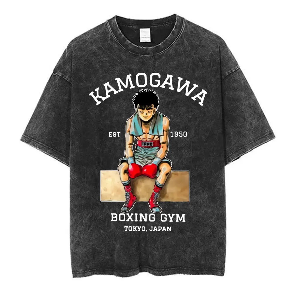 Anime Hajime No Ippo Washed Vintage T-shirt Kamogawa Boxing Gym Harajuku T-shirts Makunouchi Takamura KGB Loose Cotton T Shirt