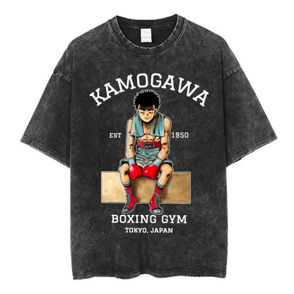 Anime Hajime No Ippo Washed Vintage T-shirt Kamogawa Boxing Gym Harajuku T-shirts Makunouchi Takamura KGB Loose Cotton T Shirt