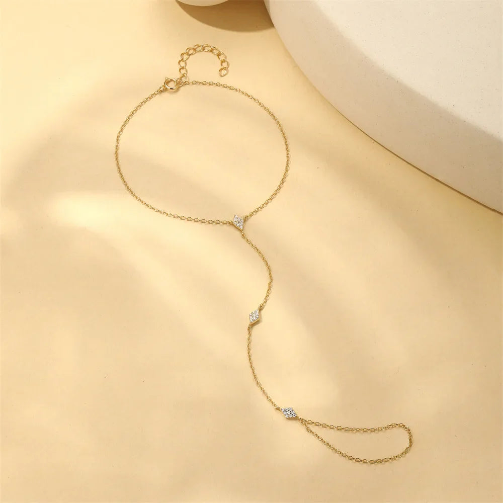 Dainty 5A Zircon Finger Ring Chain Bracelets Flower High Carbon Bracelet for Women Girl Adjustable s925 Silver Jewelry Gift