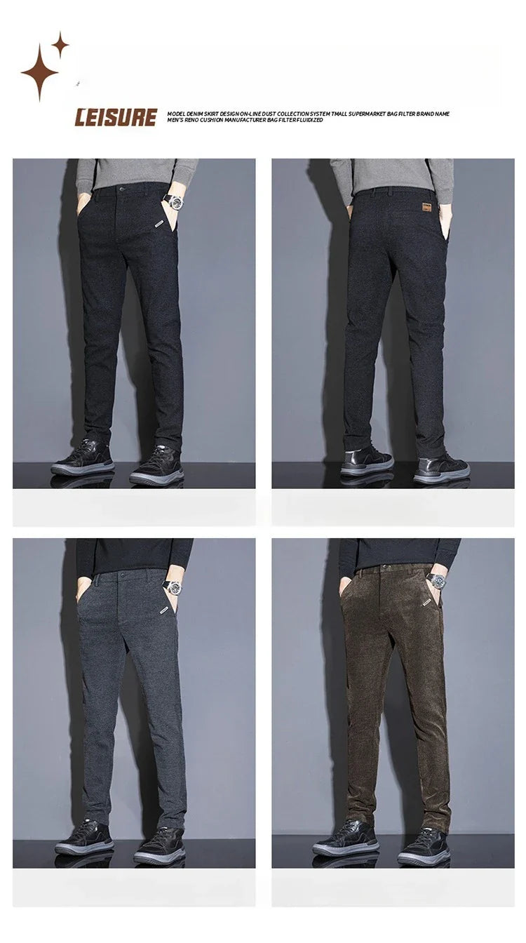 Men's Solid Straight Casual Pants Autumn Woolen Slim Fit Office Pants Vintage Elastic Waist Youth Trousers Everyday Wear