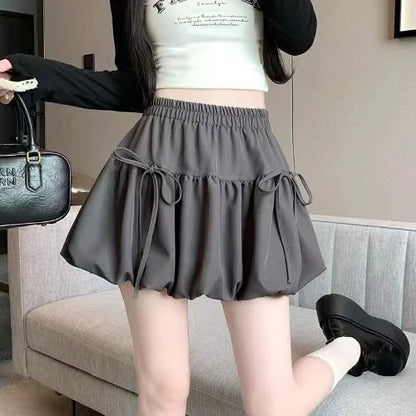 Summer Ballet Style Bow A-Line Women's Mini Skirts High Elastic Waist Tie Pleated Bud Balloon Skirt