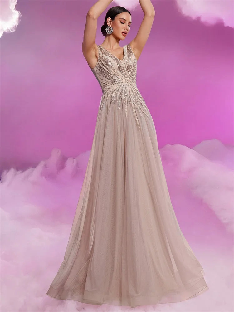 Vestidos de Noite de Luxo com Apliques de Lantejoulas e Decote em V Elegantes Vestidos de Coquetel Formais de Tule sem Mangas para Festas de Casamento com Saia Evasê