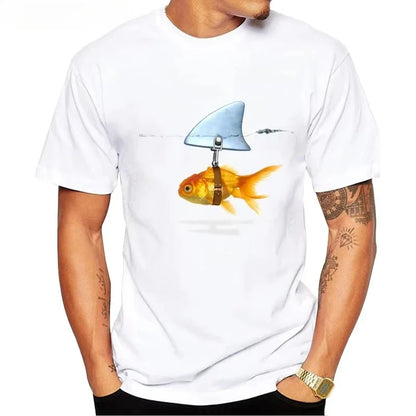 HOT SALE in Summer Funny New design Goldfish And Shark Brand Fish Cool Printed Men's Casual T-shirt Male Retro Hipster Tops Tee