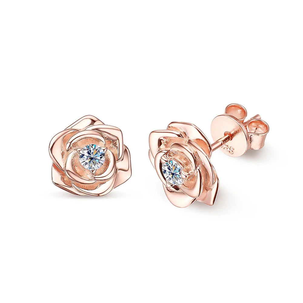 100% 925 Sterling Silver 3mm Moissanite Diamond Stud Earring For Women Romantic Rose Flower Earring Sparkling Fine Jewelry