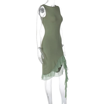 Women Maxi Dress Summer Elegant Solid Sleeveless Nipped Waist Slim Backless Ruffled Irregular Party Dresses Streetwear