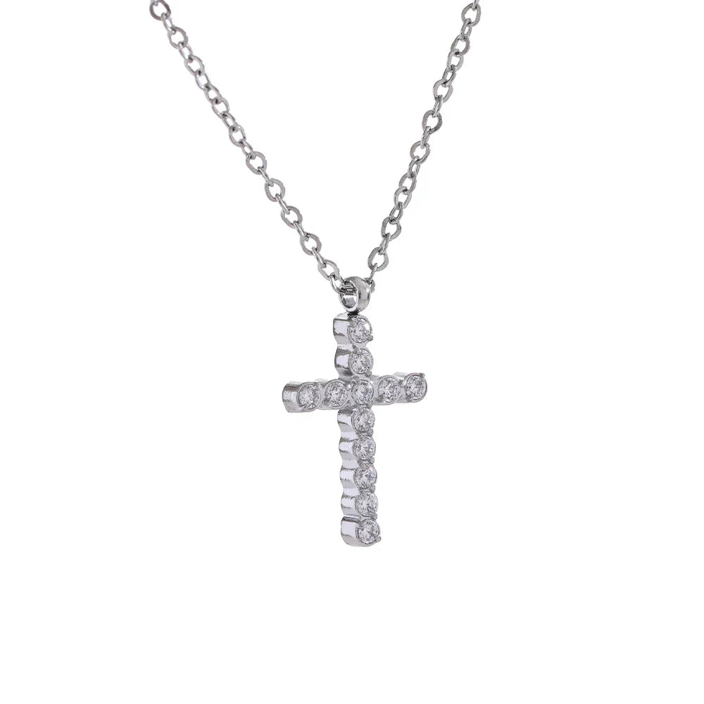 Delicate Shiny Cubic Zirconia 316L Cross Pendant Necklace for Women Stainless Steel High Quality Jewelry Water Resistant