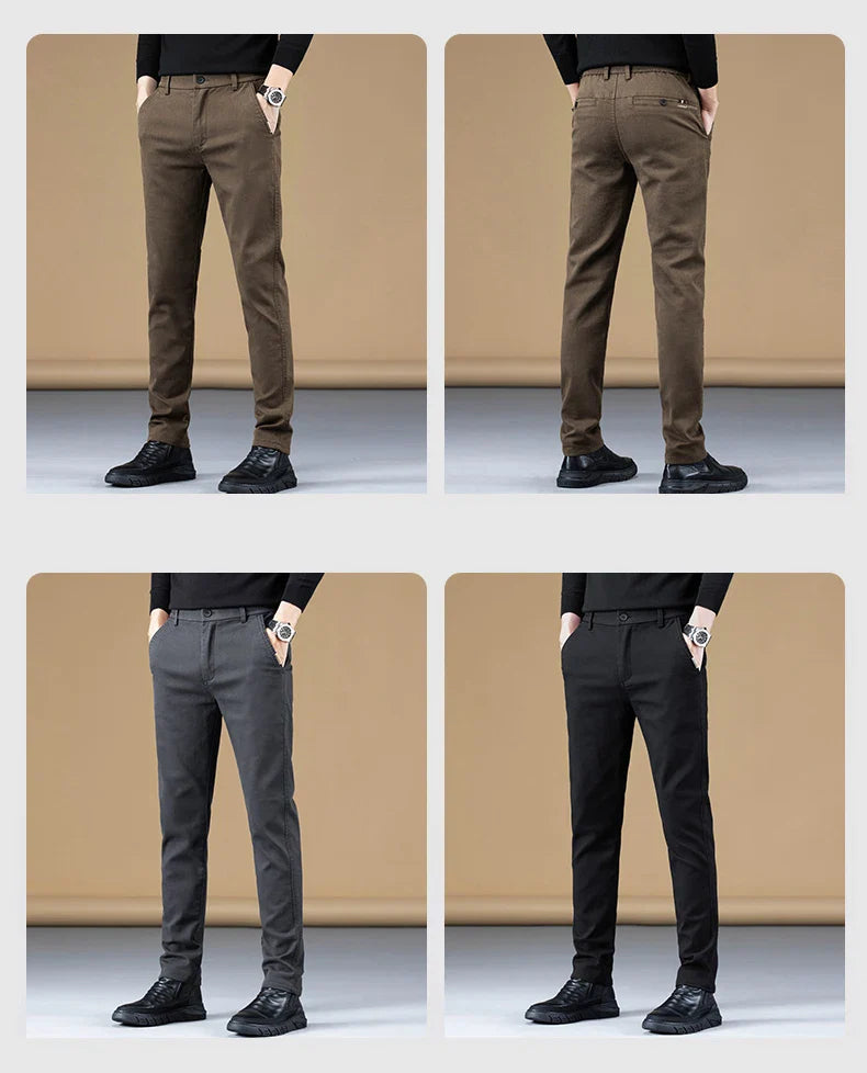 2024 Spring New Business Casual Pants Men Thick Slim Elastic Waist Trousers Classic Brown Black Grey High Quality Male Clothes