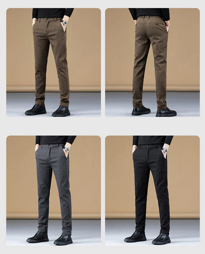 2024 Spring New Business Casual Pants Men Thick Slim Elastic Waist Trousers Classic Brown Black Grey High Quality Male Clothes