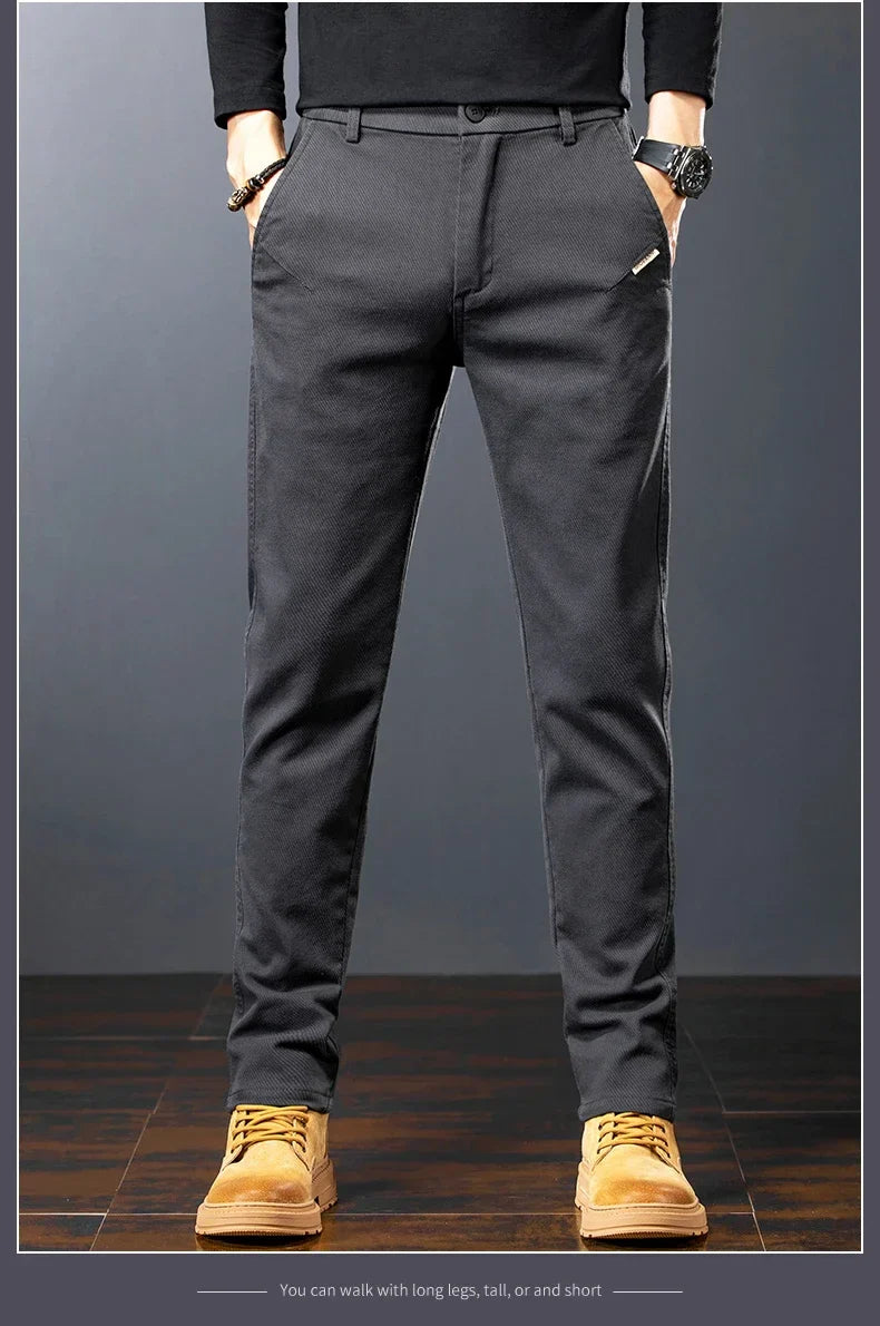 Spring Men's Slim Casual Pants Business Straight Twill Cotton Elastic Trousers Brand Fashion Korean Clothing Coffee Black Gray