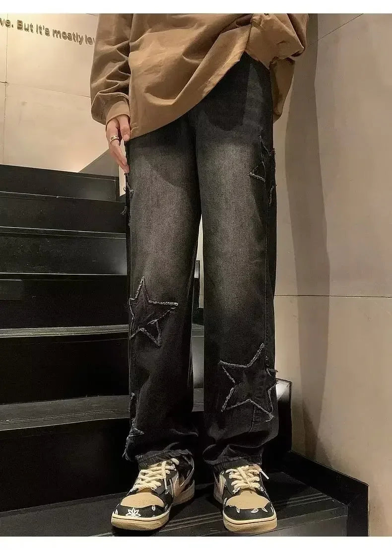 Star Embroidered Straight Casual Men's Jeans Y2K Gothic Unisex New Wide-leg Loose, Comfortable Fashionable Youth Street Jeans