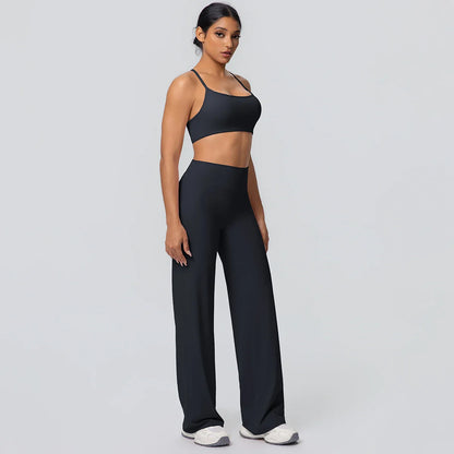 Women Gym Sports Yoga Suit Sexy Beautiful Back Yoga Underwear With Chest Pad Solid Color High Waisted Wide Leg Pants Yoga Set