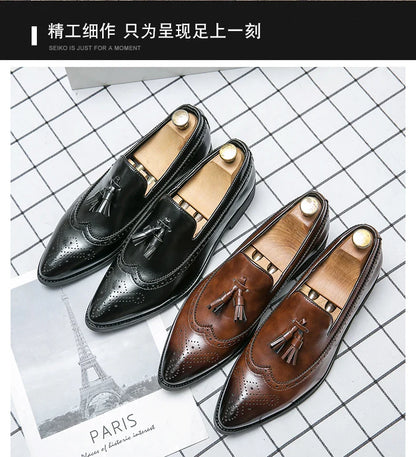 Pointed Toe Brogues Shoes Men Classic Casual Business Leather Shoes For Men Formal Social Party Leather Tassel Loafers Male