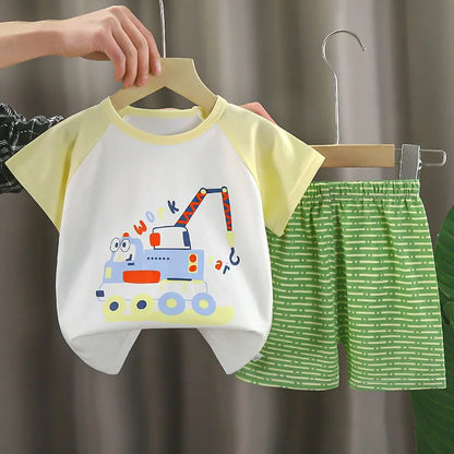 2Piece Summer Boys Clothing Korean Casual Cartoon Cute Print Short Sleeve Baby Tops+Shorts Kids Clothes Children's Sets B207