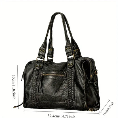 Braided Trim Black Leather Tote Bag with Gold Rivets & Front Zipper Pocket - Top Handle Work Purse for Women, Briefcase ﻿ ﻿