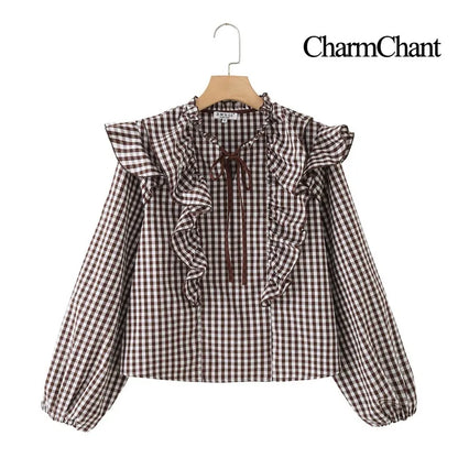 Women's Cotton Gingham Cropped Ruffle Tie Neck Blouse Spring Autumn 2026 Chic Modern Long Sleeve Shirt Tops for Woman