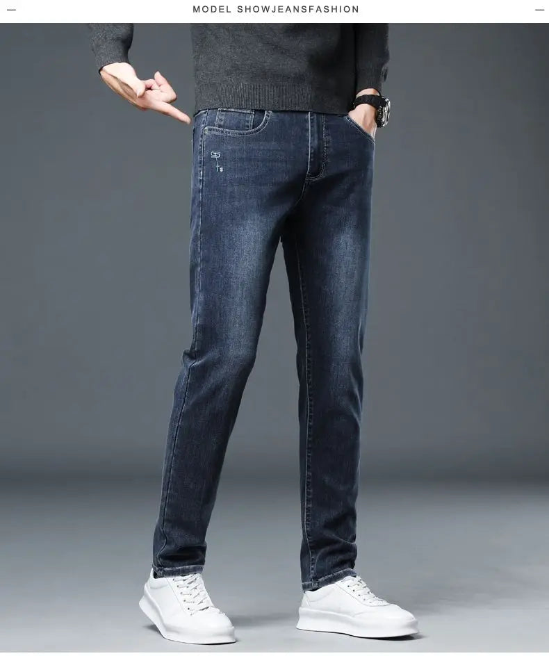 New Autumn/winter 2025 Stretch Wash Jeans for Young Men with Small Straight Elastic WaistJeans Pants Fashion Men's Trousers