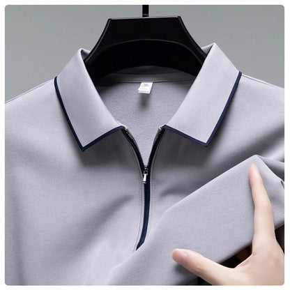 Light luxury brand long sleeved men's polo shirt autumn fashion flip collar half zipper design boutique top silk casual T-shirt