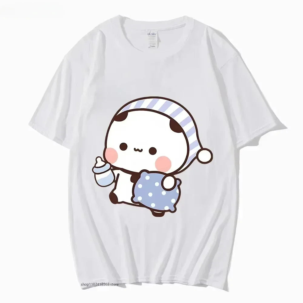 Couple Tshirt Cute BuBu Panda Going To Sleep with DuDu Bear Graphic Tshirt Women Clothes Sleeve Tops Women's Clothing