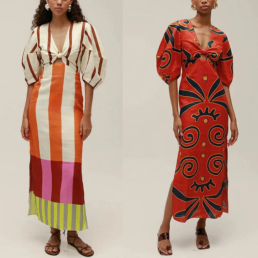 Women Linen Material Long Dresses Fashion Chic Print Sexy V-neck Hollow Out High Waist Party Dress Lady robes