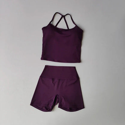 Women's yoga exercise set, popular slim shoulder yoga vest paired with high waisted, waist hugging, naked yoga three part shorts