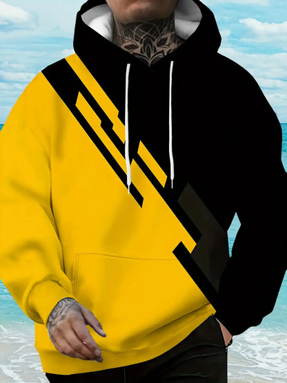 Men's Stylish Color-Blocked Hooded Sweatshirt | Trendy Black & Yellow Sportswear for Fall/Spring | Fashion Loose Fit Casual Top
