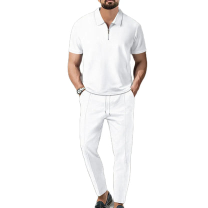 2024 New Trend Men's Sport Suit Autumn New Mens Suits Solid Color Waffle Lapel Short Sleeve Zipper Pants Set for Men