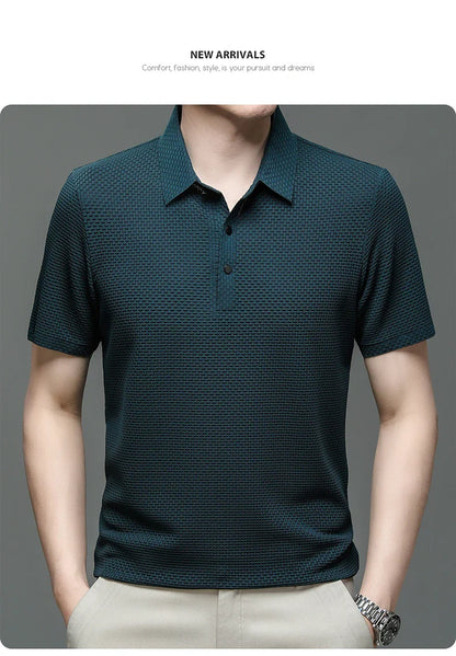 Upto EUR Sizes Tall Man Brand Top-Quality Men's Golf Shirt Lop-up Hollow Short-sleeved Polo Shirt SummerIce Silk Breathable Tee