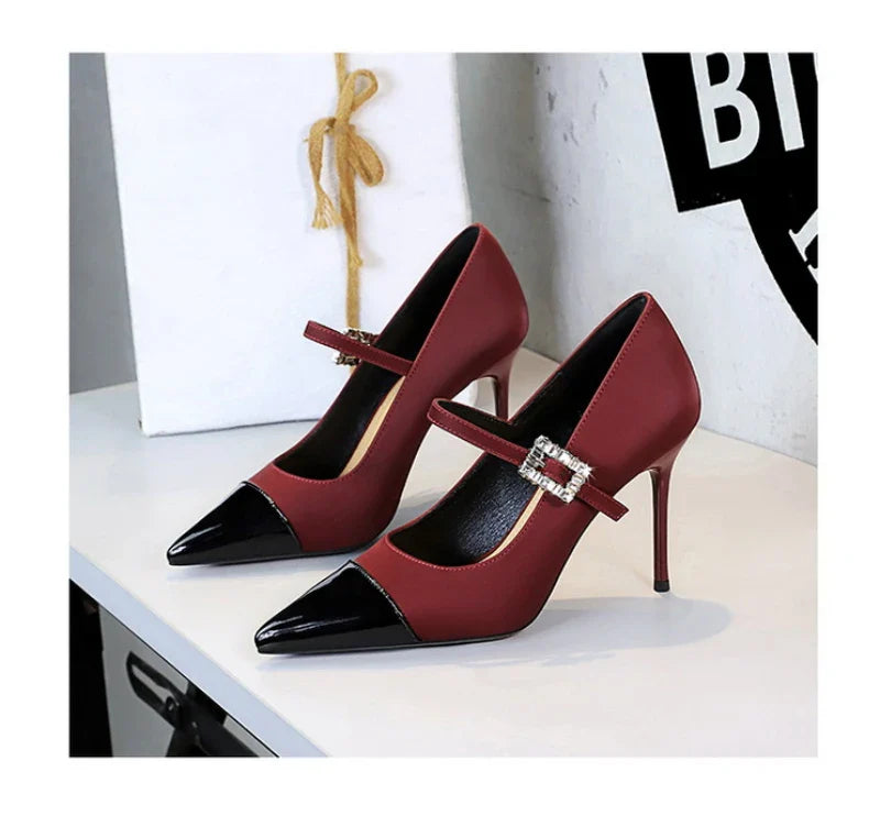 Banquet High Heels Thin Heels Light Mouth Color-Blocked Pointed Toe Rhinestones One-Strip Ultra High Heels Single Shoes Elegant