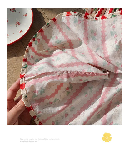 Kid Girl Adorable Short Sleeve Dress Red White Vertical Stripes Bunny Strawberry Print Peter Pan Collar Skirt for Children