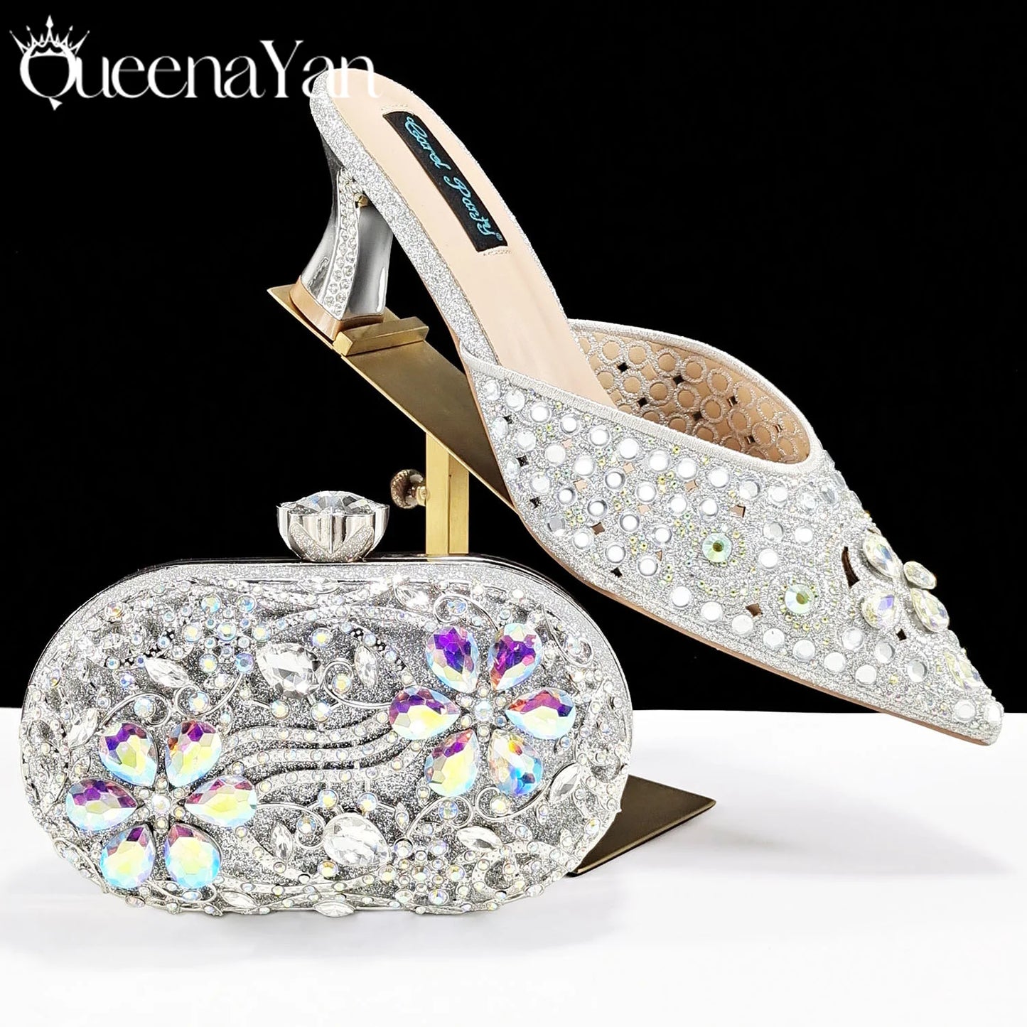 BLUE Rhinestone-encrusted Sex Ladies Shoes / MATCHING  SPARKING MINI BAG (SPECIAL COLLECTION)