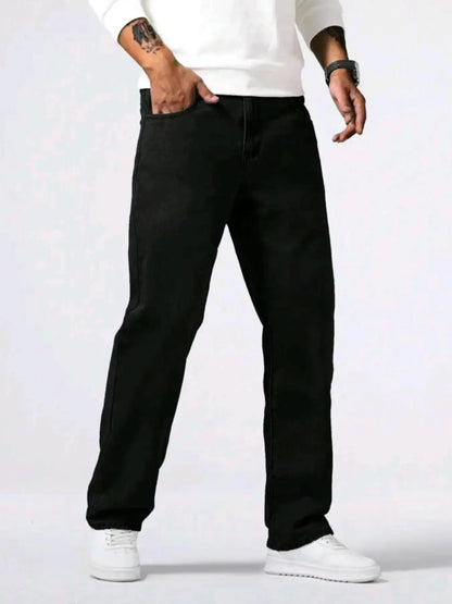 New Spring Autumn Straight Jeans Micro Elastic Versatile Pure Black Casual Denim Pants Men's Solid Color Baggy Regular Trousers