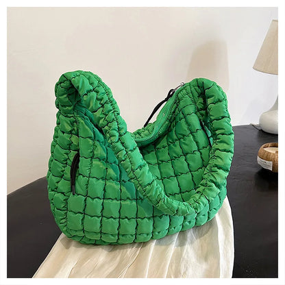 Casual Ruched Hobos Women Shoulder Bags Quilted Padded Crossbody Bag Large Capacity Nylon Puffer Tote Bag Big Shopper Purses