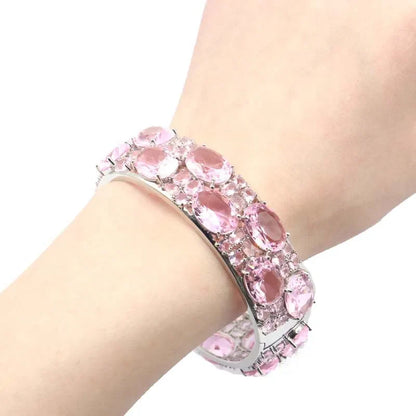 24x20mmEye Catching 51.2g Big Size Pink Kunzite Blue Aquamarine Violet Tanzanite Iolite Silver Bangle Bracelet 7.5inch