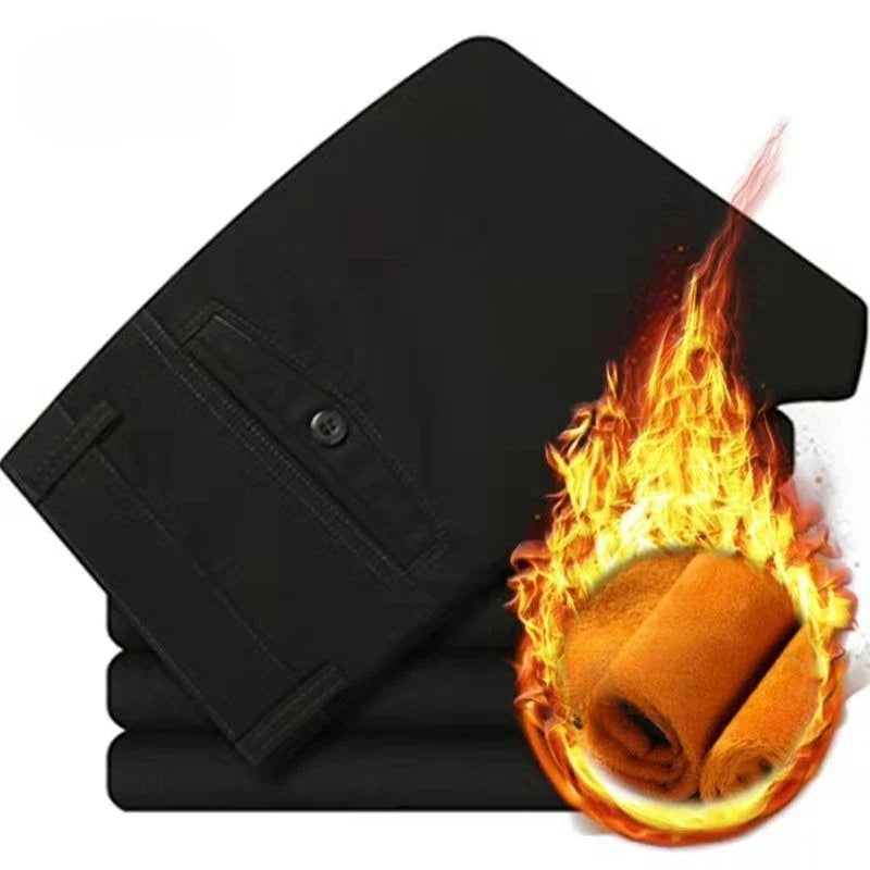 Winter Men's Thicken Fleece Casual Pants Stretch Loose Straight Warm Business Trousers Velvet Fashion Leisure Office Suit Pants