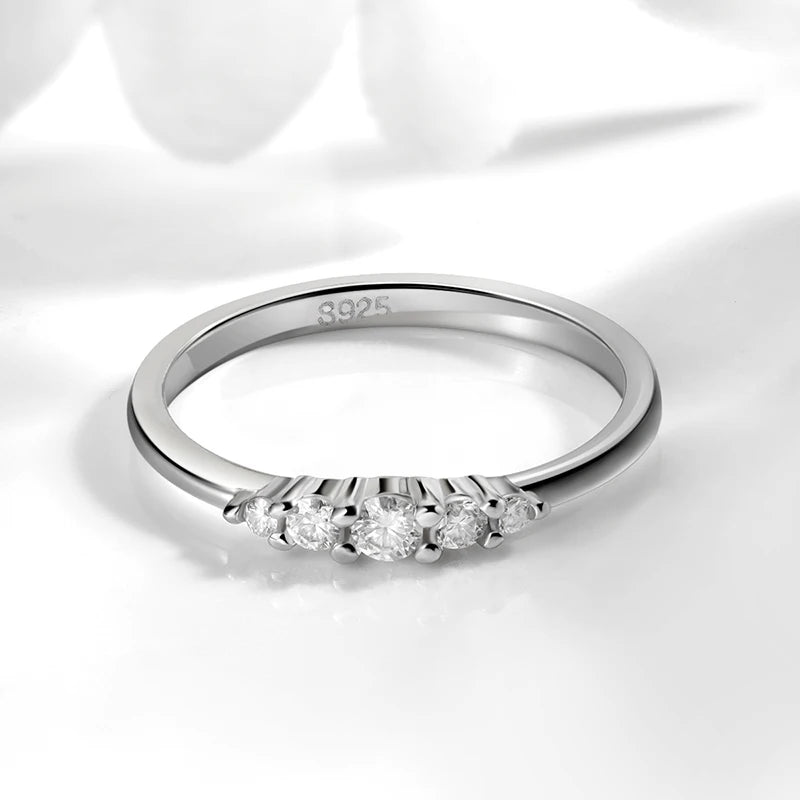 0.13CTTW 2.5mm Certified Moissanite Rings for Women 5 Stones Sparkling Sterling Silver 925 Wedding Band Mach Diamond GRA