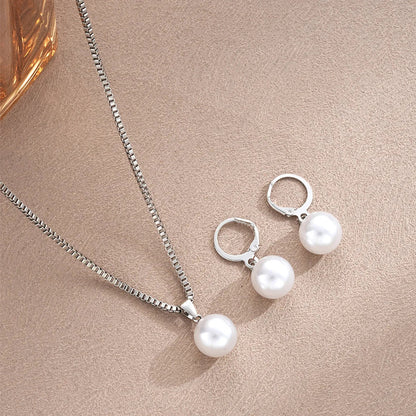 3 Pcs/Set Round Pearl Pendant Necklace For Women Exquisite Fashion Rhinestone Double  Earring Wedding Jewelry Set Gift