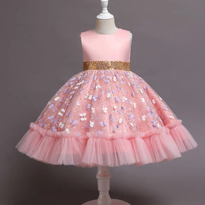 New Baby Kids Girls Elegant Printed Butterfly Flower Princess Party Tutu Dresses Children Sequins Wedding Evening Girl Clothes