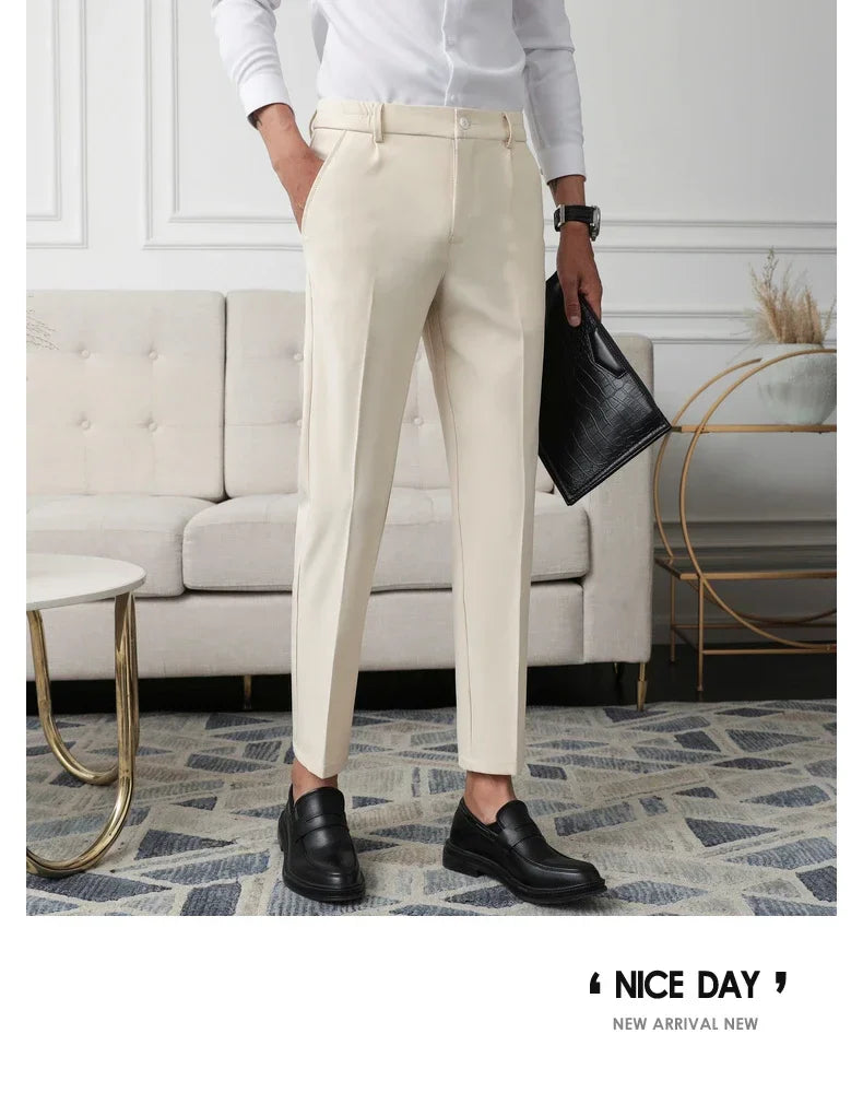 Slim Straight Non-iron Dress Pants Men Business Casual Little Feet Suit Pants Classic Black Apricot Dark Gray Male Trousers