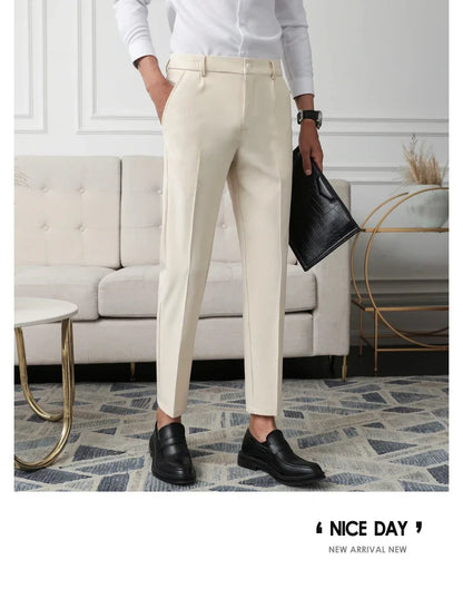 Slim Straight Non-iron Dress Pants Men Business Casual Little Feet Suit Pants Classic Black Apricot Dark Gray Male Trousers
