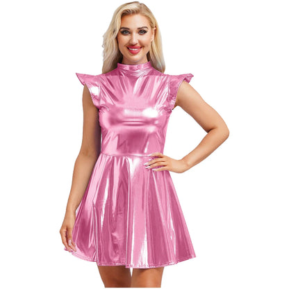 Womens Cocktail Dress Shiny Metallic Dress Alien Space Cap Sleeve High Waist A-line Dress for Halloween Party High Street Dress