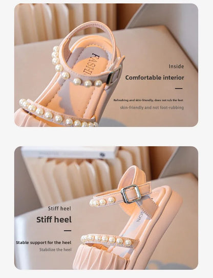 Girls Sandals Kids Summer Shoes Children's Beach Sandals with Pearls Princess Sweet Anti-slippery Open Toes Lace Chic Beading