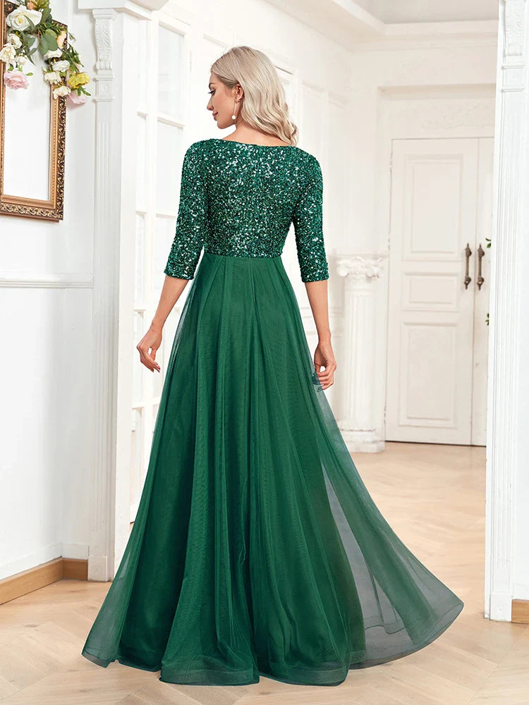 Luxury Floor Length V-Neck Evening Dress 2025 Women Elegant Party Maxi Dress Sequin Short Sleeves Prom Cocktail Gown